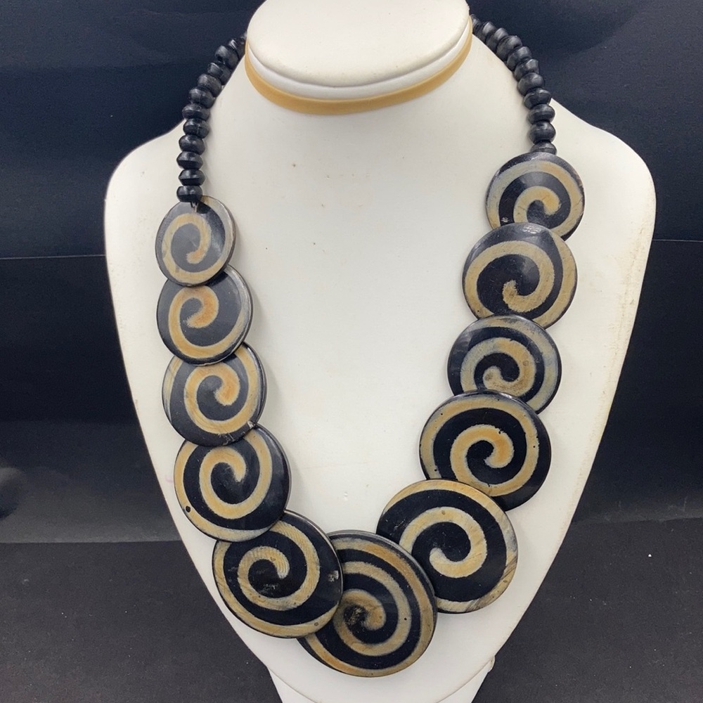 Vintage African Tribal Spiral Wood Disk Necklace